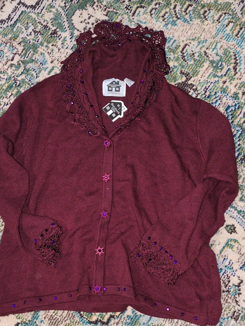 1990s NWT Storybook Knits Burgundy Beaded Crochet-Trim Cardigan